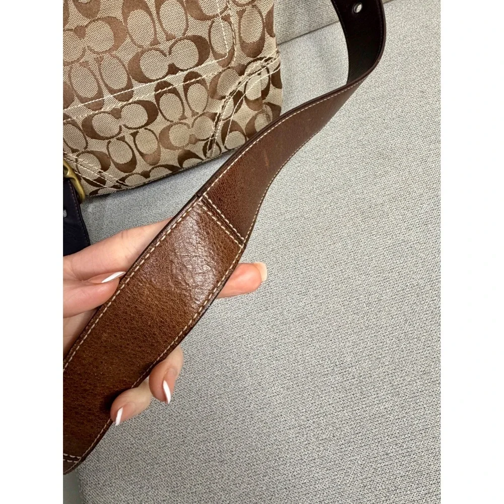 Y2K Coach Signature Jacquard Crossbody Bag Brown Leather Trim 10403 VTG‎ Khaki